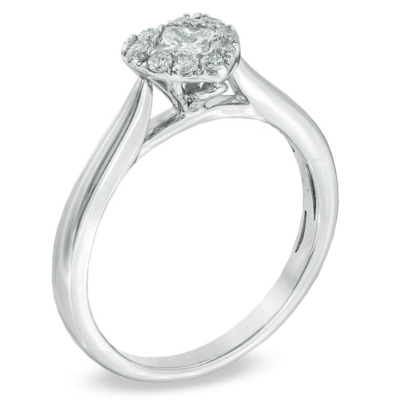 Main Image 2 of 3/8 CT. T.W. Princess-Cut and Round Diamond Heart-Shaped Engagement Ring in 14K White Gold