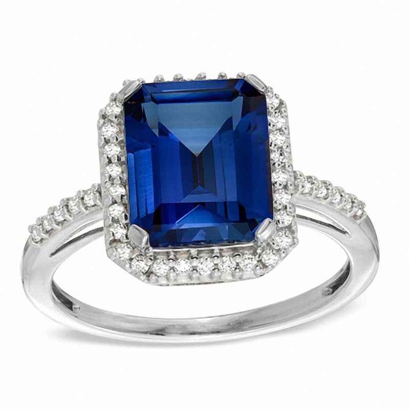 Main Image 1 of Emerald-Cut Lab-Created Blue Sapphire and 1/5 CT. T.W. Diamond Ring in 10K White Gold
