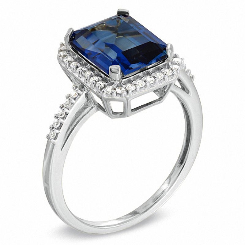 Main Image 2 of Emerald-Cut Lab-Created Blue Sapphire and 1/5 CT. T.W. Diamond Ring in 10K White Gold