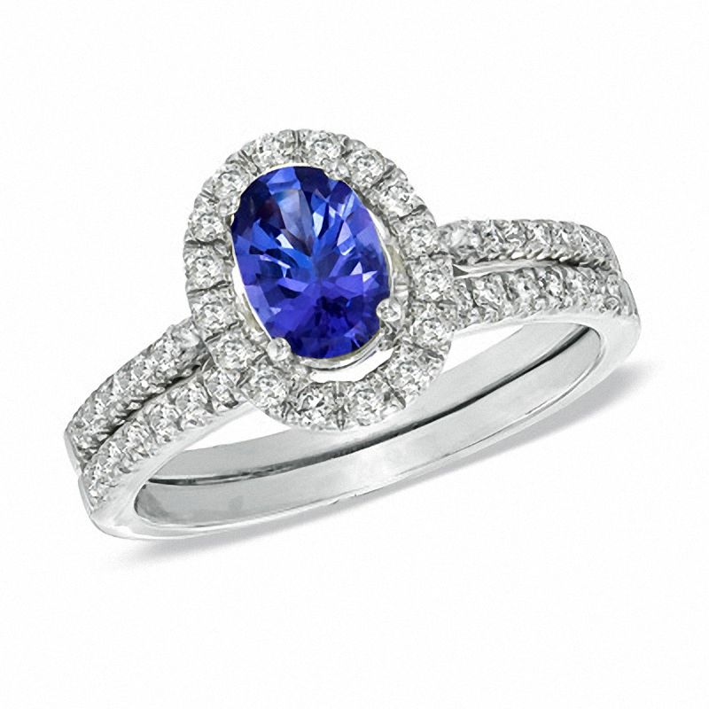 Main Image 1 of Certified Oval Tanzanite and 1/2 CT. T.W. Diamond Bridal Set in 14K White Gold
