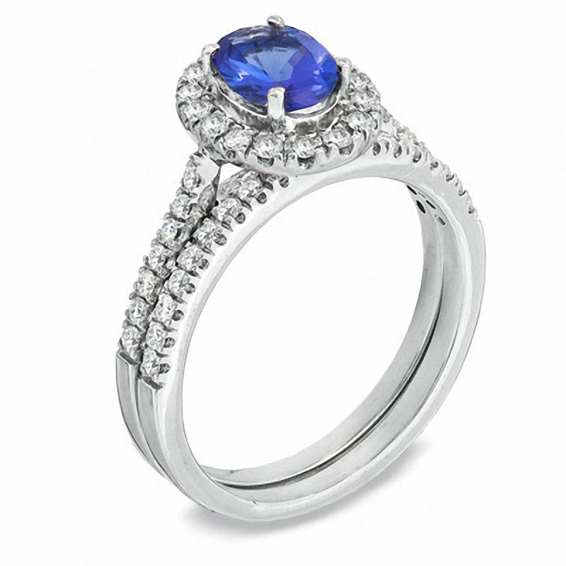Main Image 2 of Certified Oval Tanzanite and 1/2 CT. T.W. Diamond Bridal Set in 14K White Gold