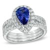 Thumbnail Image 1 of Certified Pear-Shaped Tanzanite and 1-1/5 CT. T.W. Diamond Three-Piece Bridal Set in 14K White Gold