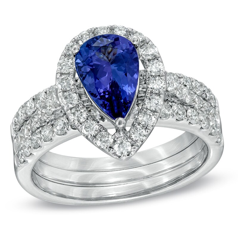 Main Image 1 of Certified Pear-Shaped Tanzanite and 1-1/5 CT. T.W. Diamond Three-Piece Bridal Set in 14K White Gold