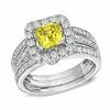Thumbnail Image 0 of Certified Cushion-Cut Yellow Sapphire and 1 CT. T.W. Diamond Bridal Set in 14K White Gold