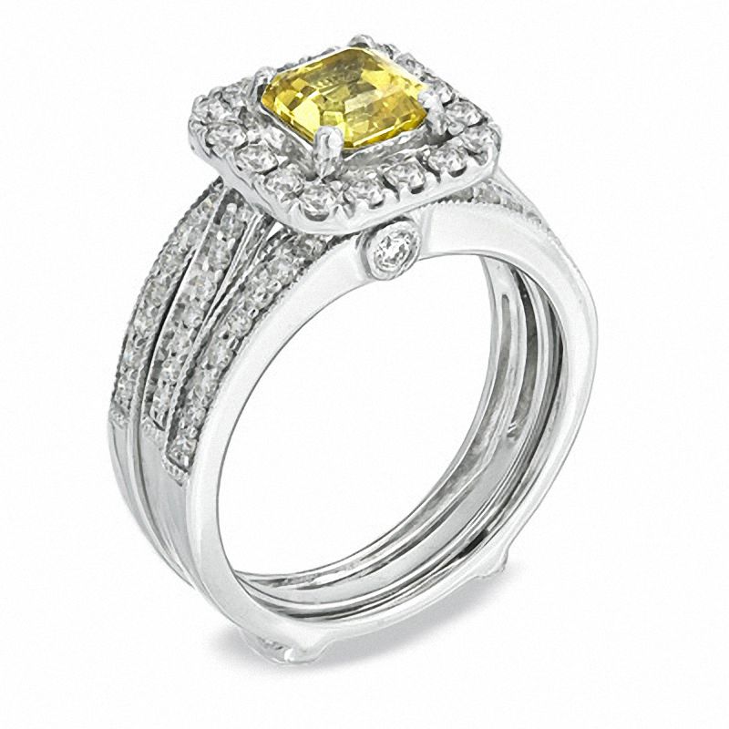 Certified Cushion-Cut Yellow Sapphire and 1 CT. T.W. Diamond Bridal Set in 14K White Gold