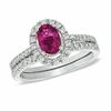Thumbnail Image 0 of Certified Oval Pink Tourmaline and 1/2 CT. T.W. Diamond Bridal Set in 14K White Gold