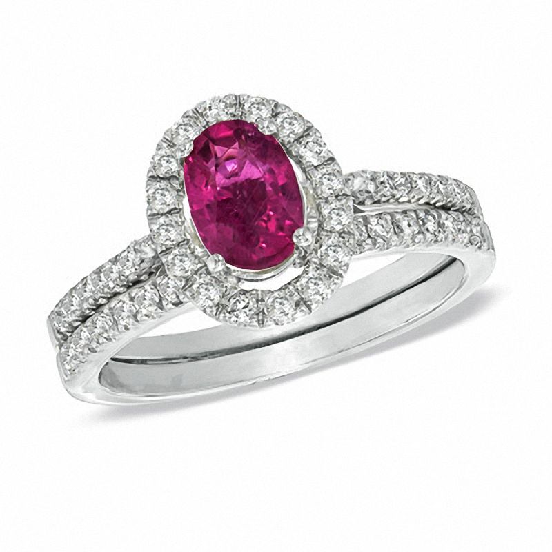 Main Image 1 of Certified Oval Pink Tourmaline and 1/2 CT. T.W. Diamond Bridal Set in 14K White Gold