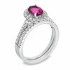 Thumbnail Image 1 of Certified Oval Pink Tourmaline and 1/2 CT. T.W. Diamond Bridal Set in 14K White Gold