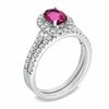 Thumbnail Image 2 of Certified Oval Pink Tourmaline and 1/2 CT. T.W. Diamond Bridal Set in 14K White Gold