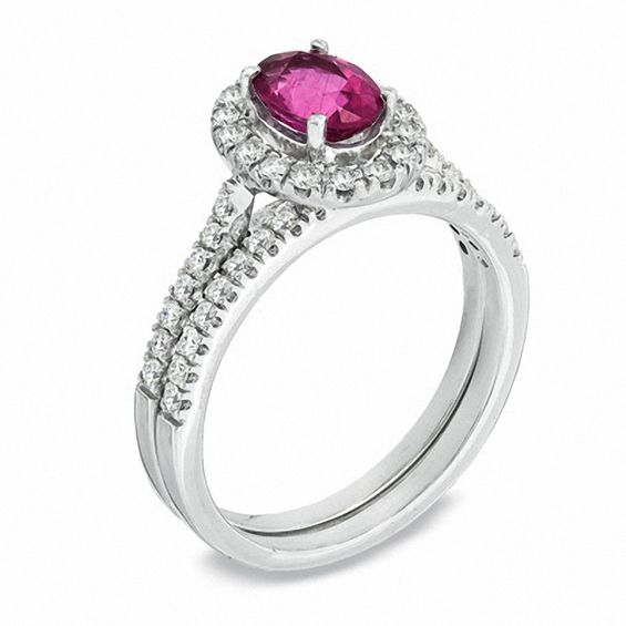 Certified Oval Pink Tourmaline and 1/2 CT. T.w. Diamond Bridal Set in 14K White Gold