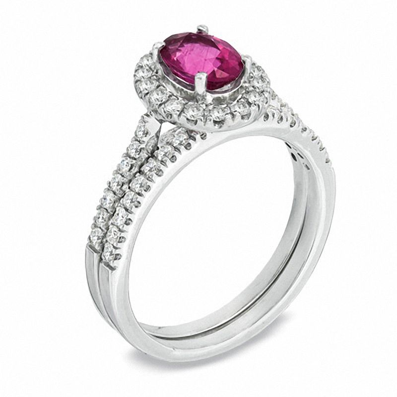 Main Image 2 of Certified Oval Pink Tourmaline and 1/2 CT. T.W. Diamond Bridal Set in 14K White Gold