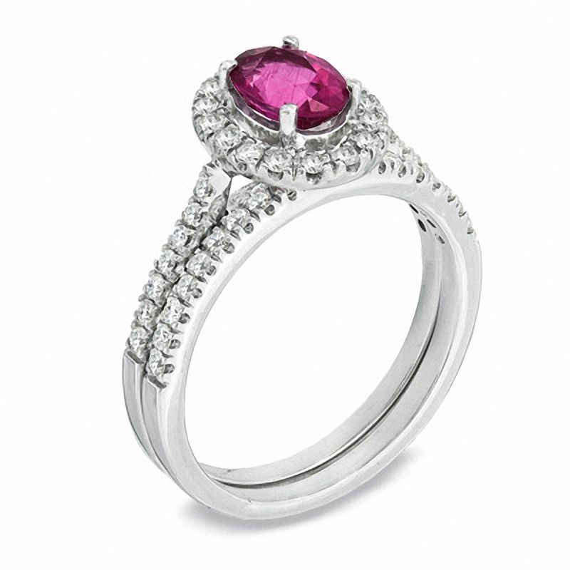 Certified Oval Pink Tourmaline and 1/2 CT. T.W. Diamond Bridal Set in 14K White Gold