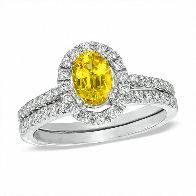 Certified Oval Yellow Sapphire and 1/2 CT. T.W. Diamond Bridal Set in 14K White Gold