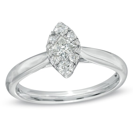 3/8 CT. T.w. Princess-Cut and Round Diamond Marquise-Shaped Engagement Ring in 14K White Gold