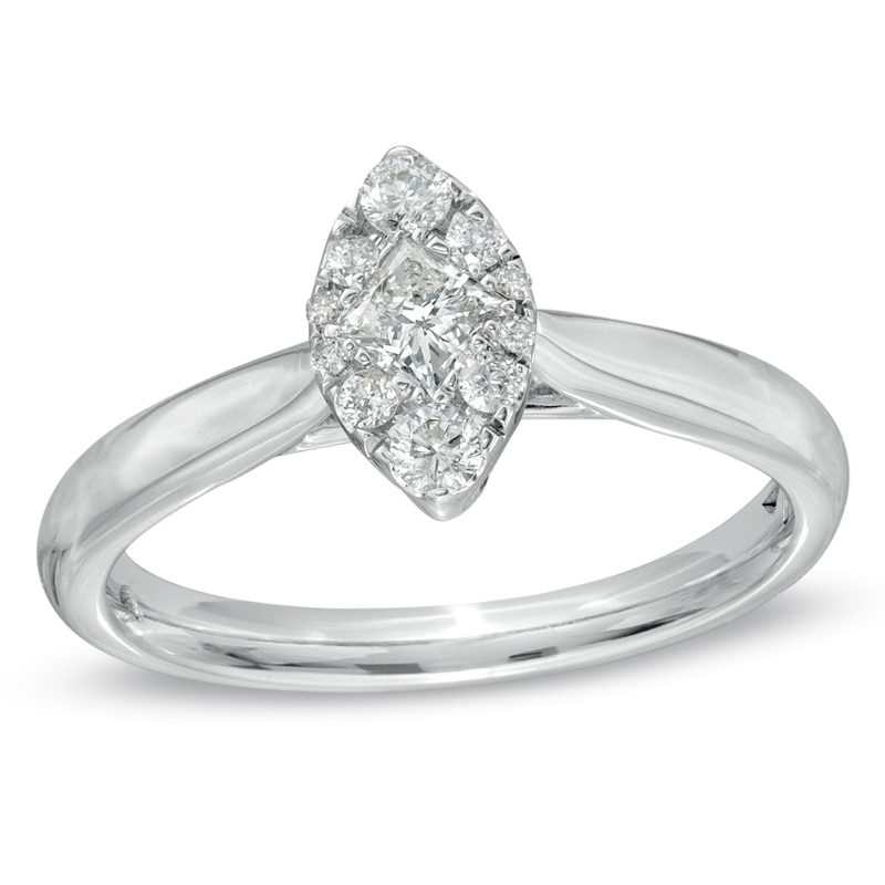 Main Image 1 of 3/8 CT. T.W. Princess-Cut and Round Diamond Marquise-Shaped Engagement Ring in 14K White Gold