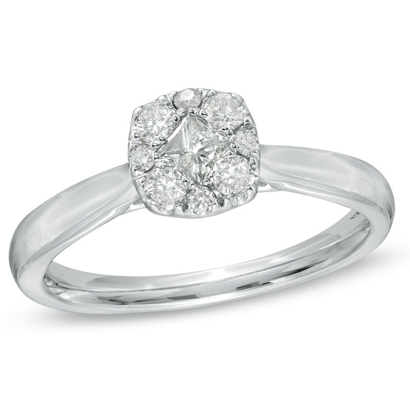 Main Image 1 of 3/8 CT. T.W. Princess-Cut and Round Diamond Cushion-Shaped Engagement Ring in 14K White Gold