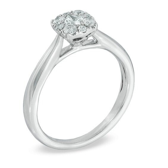 3/8 CT. T.w. Princess-Cut and Round Diamond Cushion-Shaped Engagement Ring in 14K White Gold