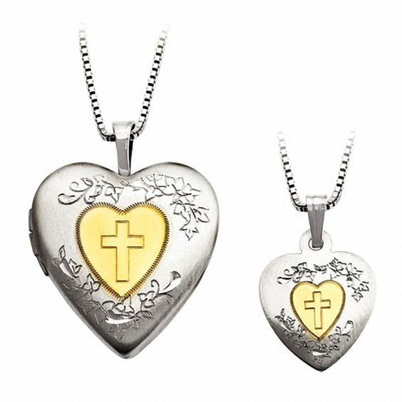 Mother and Daughter Matching Heart with Cross Locket and Pendant Set in ...