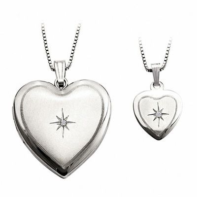 Diamond Accent Mother and Daughter Matching Starburst Heart Locket and  Pendant Set in Sterling Silver