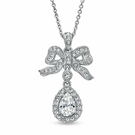 AVA Nadri Pear-Shaped Cubic Zirconia and Crystal Bow Pendant in White Rhodium Brass - 16"
