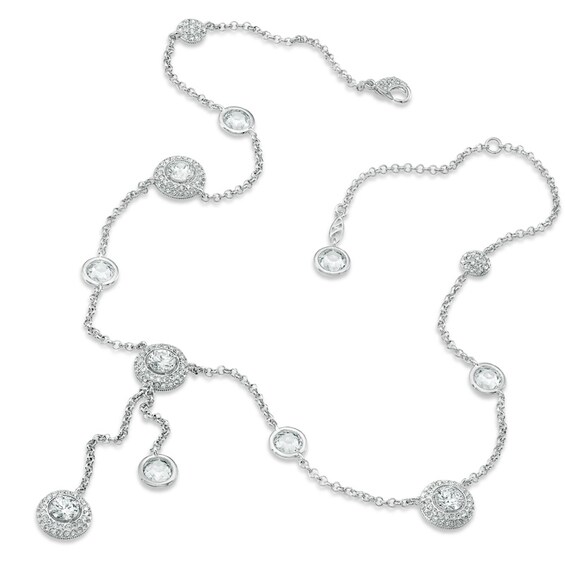 AVA Nadri Cubic Zirconia and Crystal Station Lariat Necklace in White Rhodium Brass