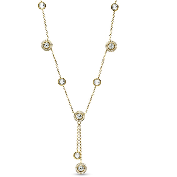 AVA Nadri Cubic Zirconia and Crystal Station Lariat Necklace in Brass with 18K Gold Plate