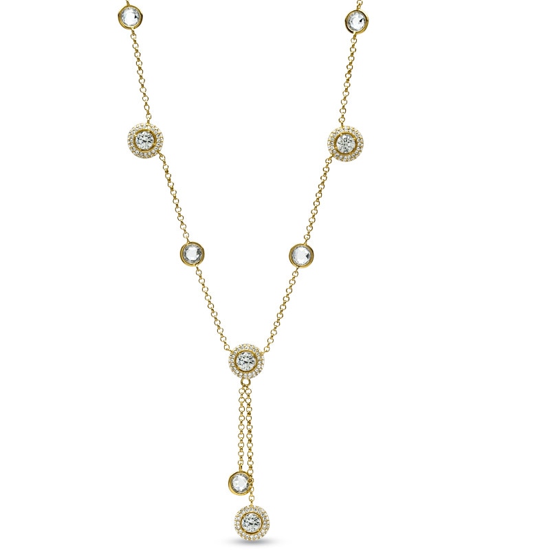 AVA Nadri Cubic Zirconia and Crystal Station Lariat Necklace in Brass with 18K Gold Plate