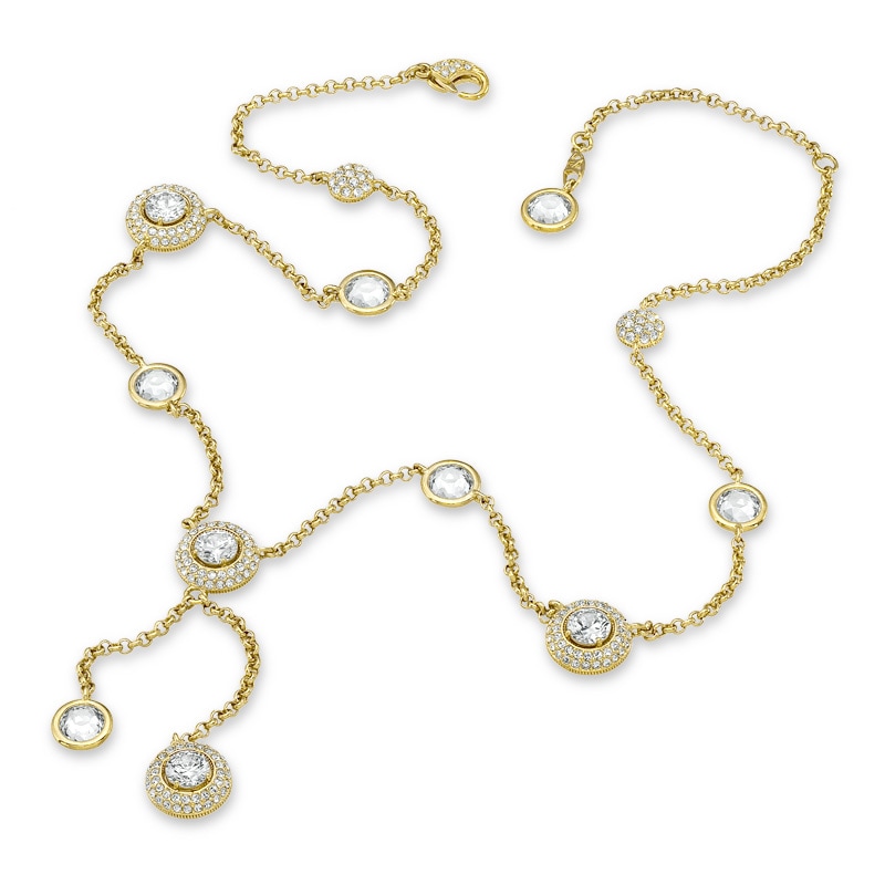 AVA Nadri Cubic Zirconia and Crystal Station Lariat Necklace in Brass with 18K Gold Plate