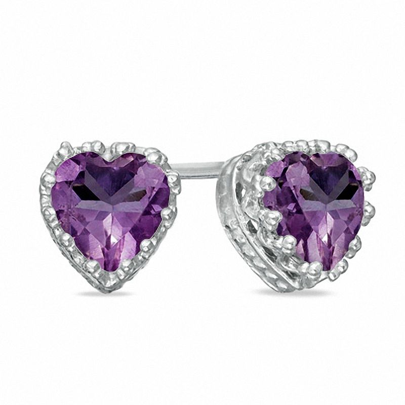 6.0mm Heart-Shaped Amethyst Crown Earrings in Sterling Silver