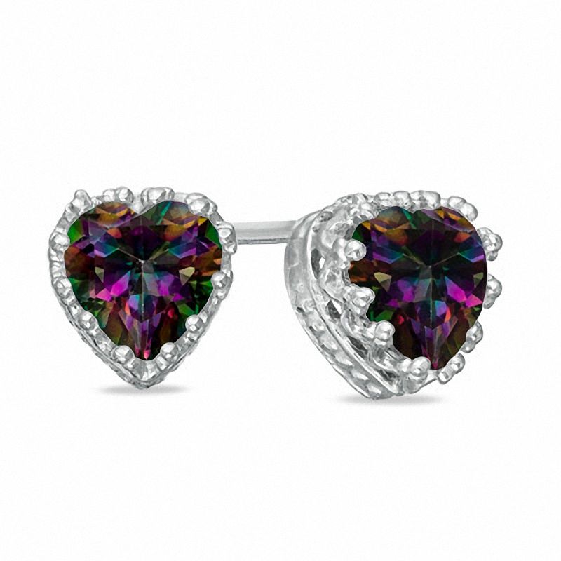 6.0mm Heart-Shaped Rainbow Quartz Crown Earrings in Sterling Silver