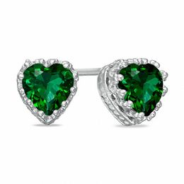 6.0mm Heart-Shaped Lab-Created Emerald Crown Earrings in Sterling Silver