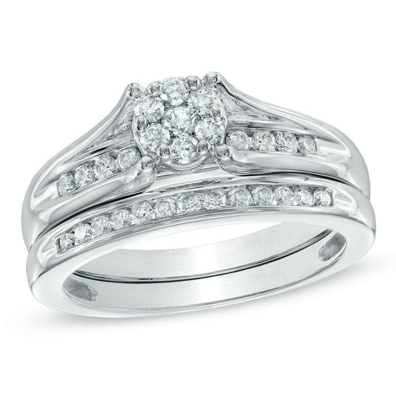 Main Image 1 of 1/2 CT. T.W. Diamond Cluster Bridal Set in 10K White Gold