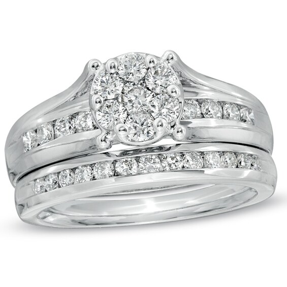 1 CT. T.w. Diamond Cluster Bridal Set in 10K White Gold