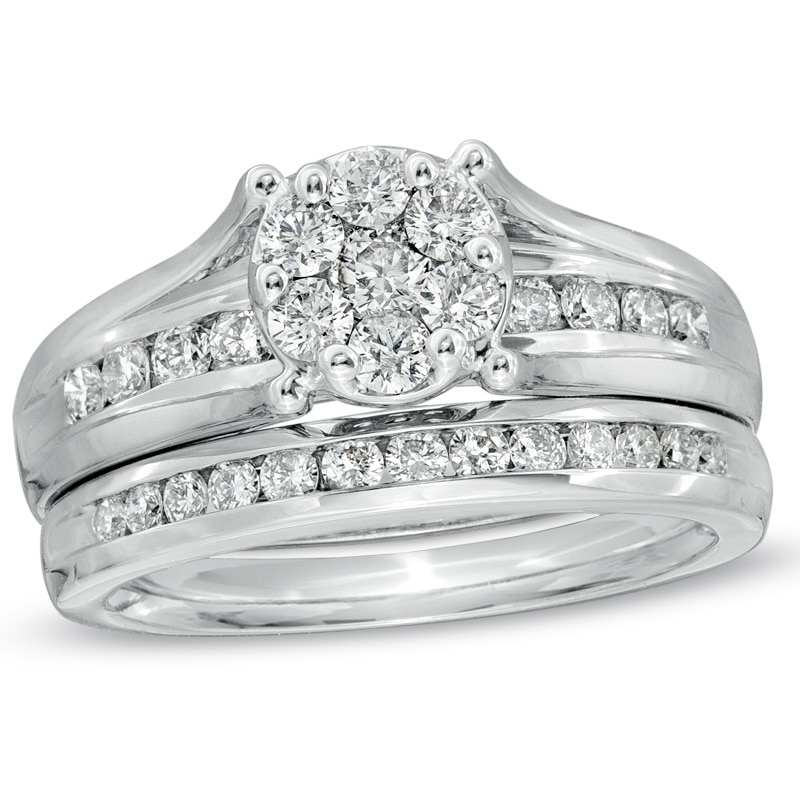 1 CT. T.W. Diamond Cluster Bridal Set in 10K White Gold