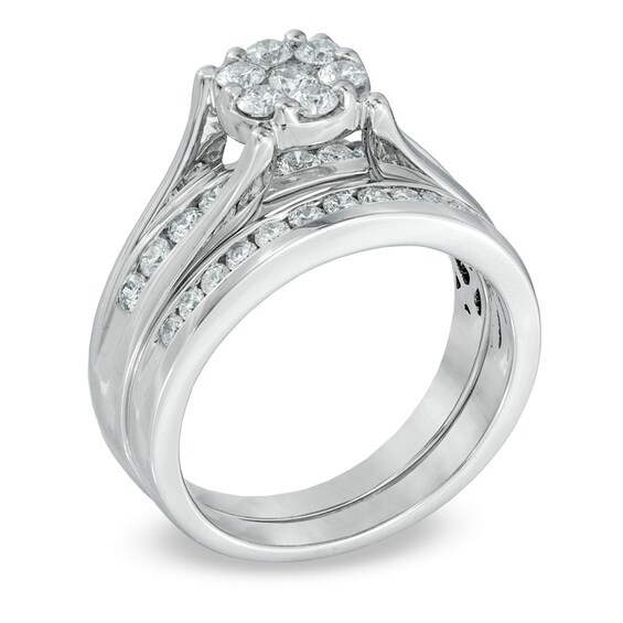 1 CT. T.w. Diamond Cluster Bridal Set in 10K White Gold