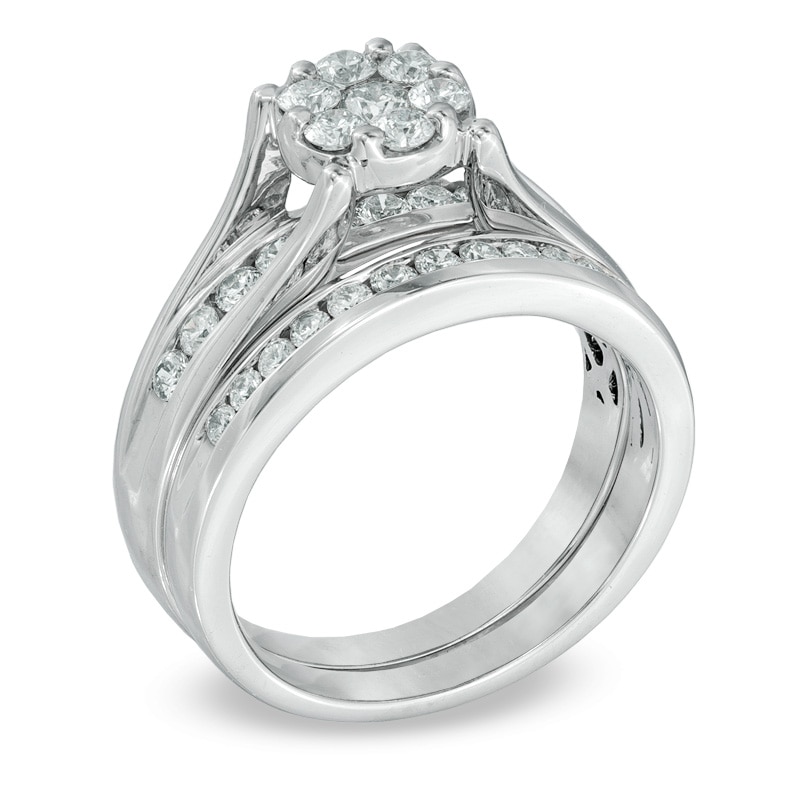 Main Image 2 of 1 CT. T.W. Diamond Cluster Bridal Set in 10K White Gold