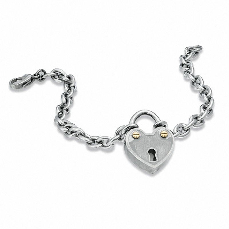 Stainless Steel Heart Lock Bracelet with Yellow IP Screws - 7.5"
