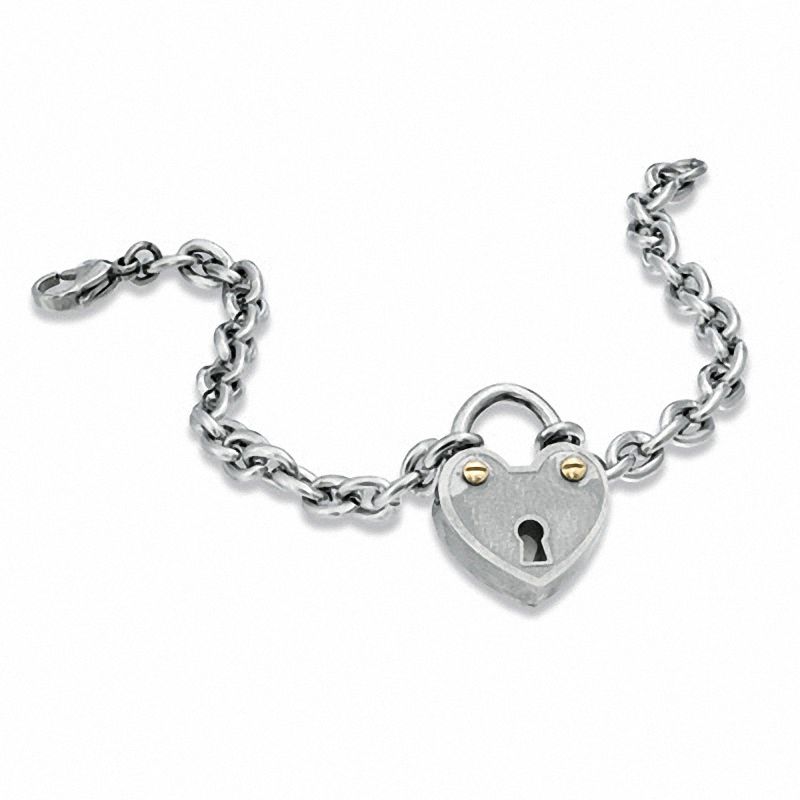 Zales Stainless Steel Heart Lock Bracelet with Yellow IP Screws - 7.5