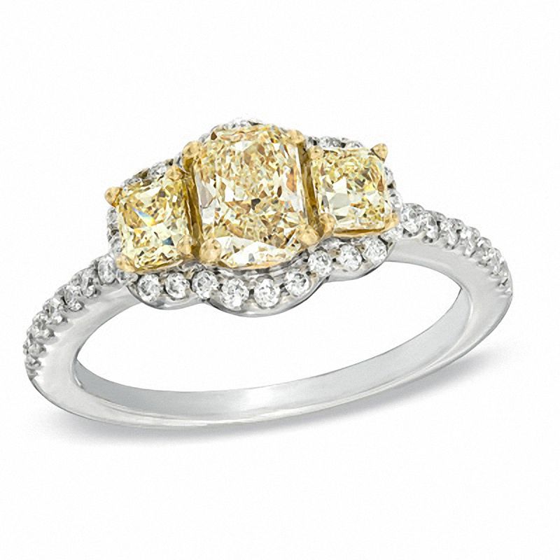 Main Image 1 of 1-1/4 CT. T.W. Certified Yellow and White Diamond Three Stone Engagement Ring in 18K White Gold (P/SI2)