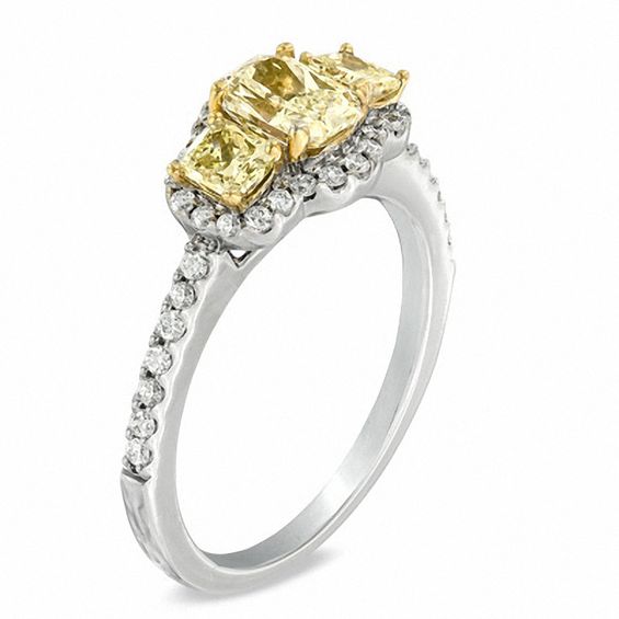 1-1/4 CT. T.w. Certified Yellow and White Diamond Three Stone Engagement Ring in 18K White Gold (P/Si2)