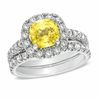 Thumbnail Image 0 of Certified Cushion-Cut Yellow Sapphire and 1-1/2 CT. T.W. Diamond Bridal Set in 14K White Gold
