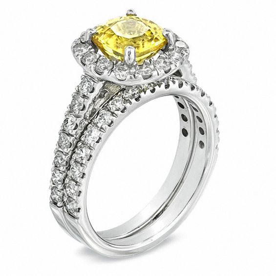 Certified Cushion-Cut Yellow Sapphire and 1-1/2 CT. T.w. Diamond Bridal Set in 14K White Gold