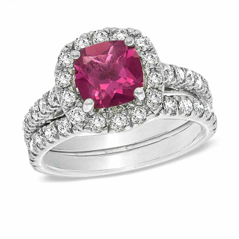 Main Image 1 of Certified Cushion-Cut Pink Tourmaline and 1-1/2 CT. T.W. Certified Diamond Bridal Set in 14K White Gold