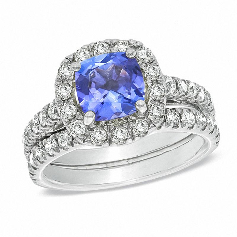 Certified Cushion-Cut Tanzanite and 1-1/2 CT. T.W. Diamond Bridal Set in 14K White Gold