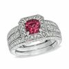 Thumbnail Image 1 of Certified Cushion-Cut Pink Tourmaline and 1 CT. T.W. Certified Diamond Bridal Set in 14K White Gold
