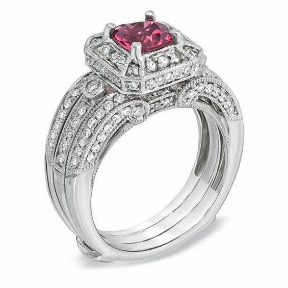 Certified Cushion-Cut Pink Tourmaline and 1 CT. T.w. Certified Diamond Bridal Set in 14K White Gold