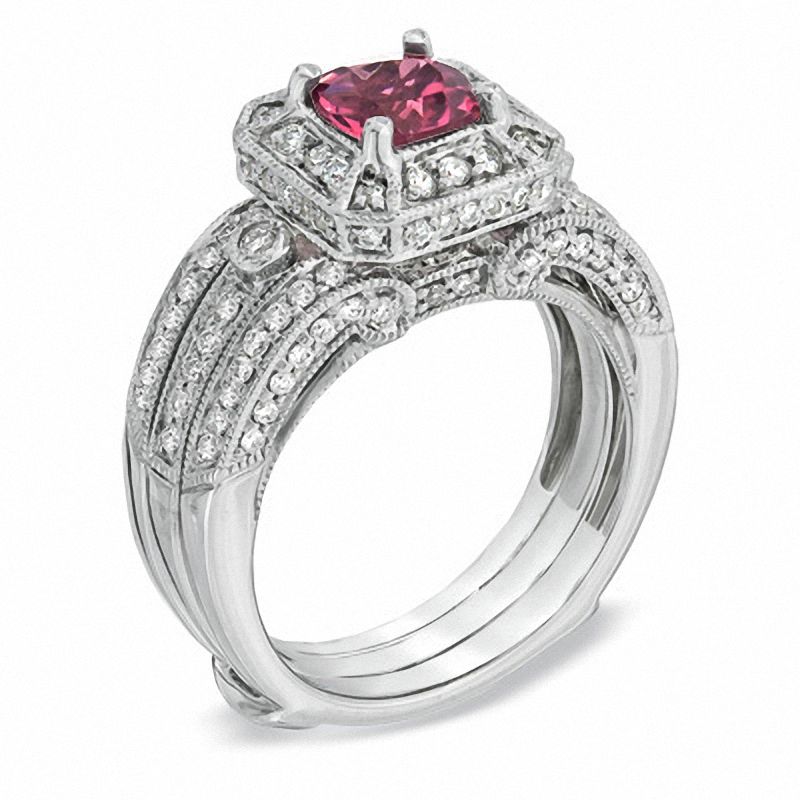 Main Image 2 of Certified Cushion-Cut Pink Tourmaline and 1 CT. T.W. Certified Diamond Bridal Set in 14K White Gold