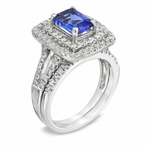 Certified Emerald-Cut Tanzanite and 7/8 CT. T.w. Diamond Bridal Set in 14K White Gold