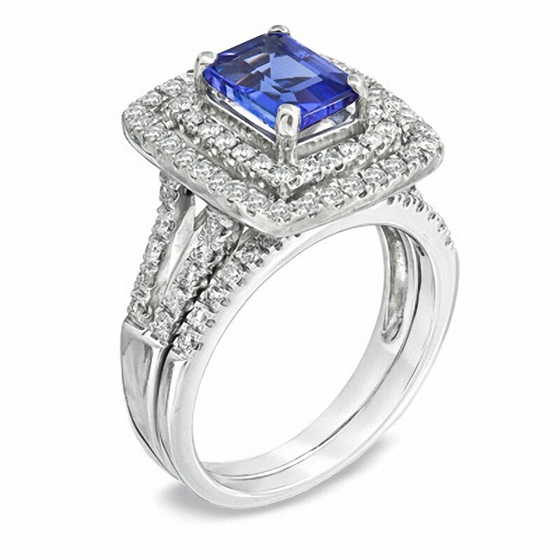 Main Image 2 of Certified Emerald-Cut Tanzanite and 7/8 CT. T.W. Diamond Bridal Set in 14K White Gold