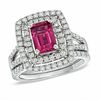 Thumbnail Image 1 of Certified Emerald-Cut Pink Tourmaline and 7/8 CT. T.W. Certified Diamond Bridal Set in 14K White Gold